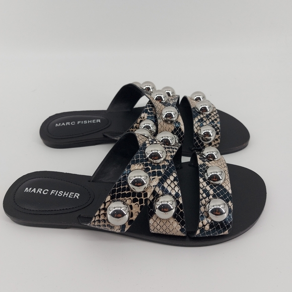 Marc Fisher Bryte 2 Studded Flat Sandals aside 5 Black and Tan Faux Snake Skin - Picture 3 of 6